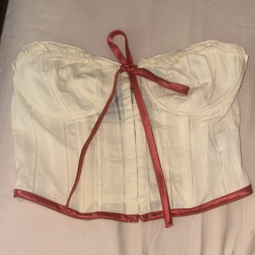 Cream Corset Top with Pink Ribbon